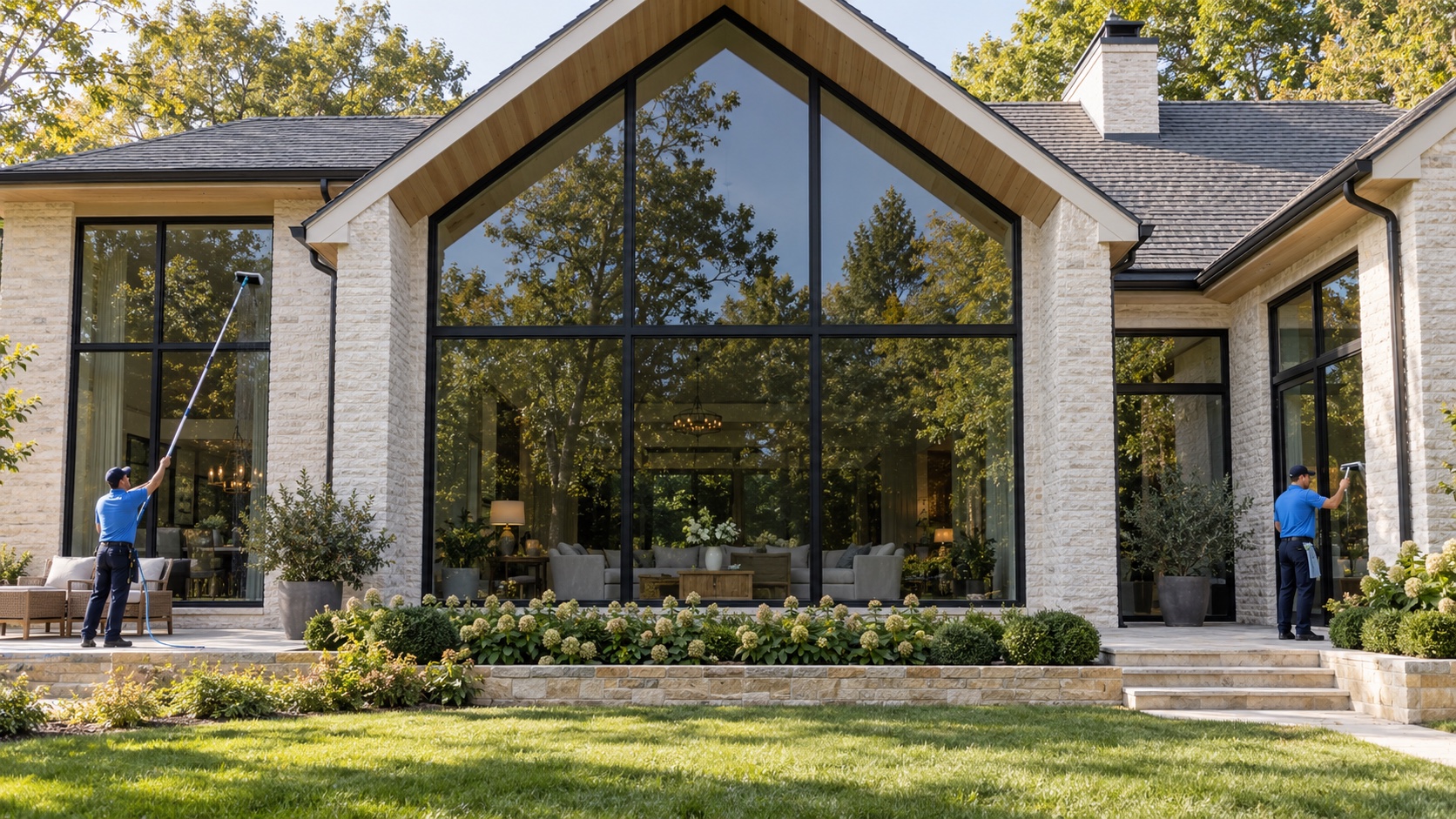Illustrative modern home with large windows being cleaned by a blue-shirted team.