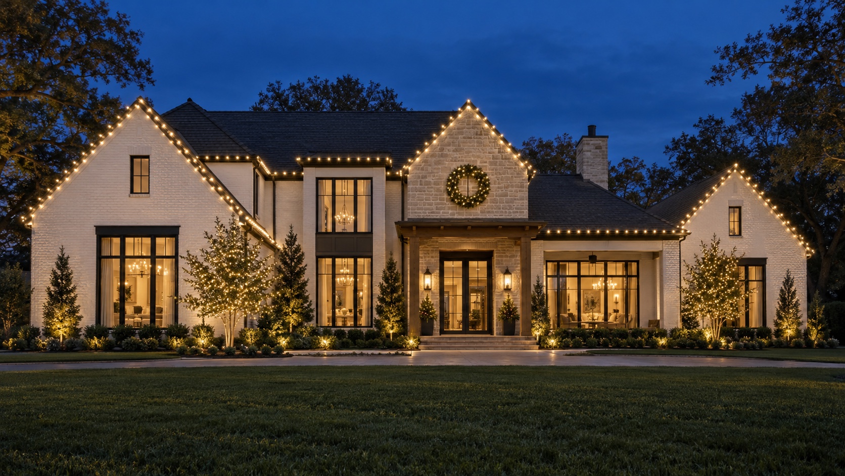 Illustrative elegant home outlined in warm holiday lights at dusk.