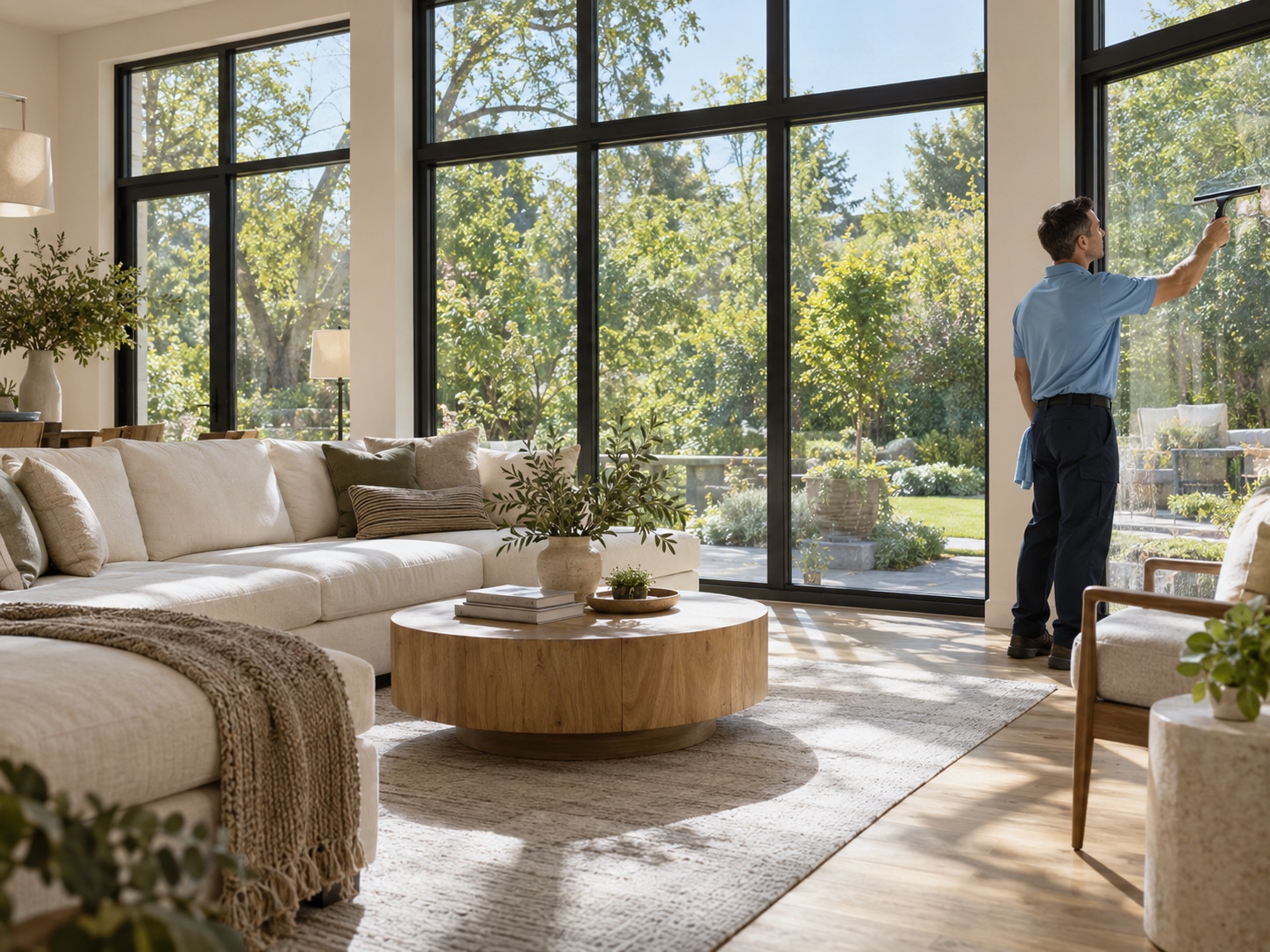 Illustrative sunlit living room with tall windows and a window cleaner at work.